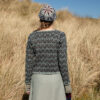 The Loch Lomond cardigan, St Agnes Eve Beret and Scarf and Ruabhal gloves hand knitwear patterncard kit designs by Alice Starmore made in Hebridean 2 Ply