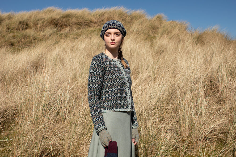 The Loch Lomond cardigan, St Agnes Eve Beret and Scarf and Ruabhal gloves hand knitwear patterncard kit designs by Alice Starmore made in Hebridean 2 Ply