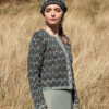 The Loch Lomond cardigan, St Agnes Eve Beret and Scarf and Ruabhal gloves hand knitwear patterncard kit designs by Alice Starmore made in Hebridean 2 Ply