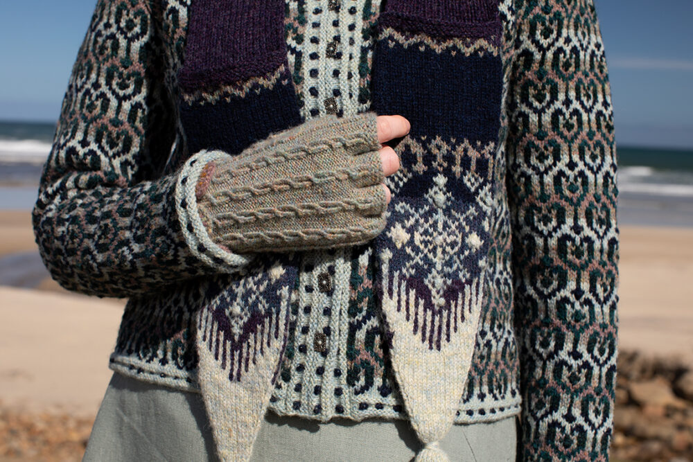 The Loch Lomond cardigan, St Agnes Eve Beret and Scarf and Ruabhal gloves hand knitwear patterncard kit designs by Alice Starmore made in Hebridean 2 Ply