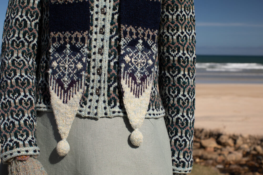 The Loch Lomond cardigan, St Agnes Eve Beret and Scarf and Ruabhal gloves hand knitwear patterncard kit designs by Alice Starmore made in Hebridean 2 Ply