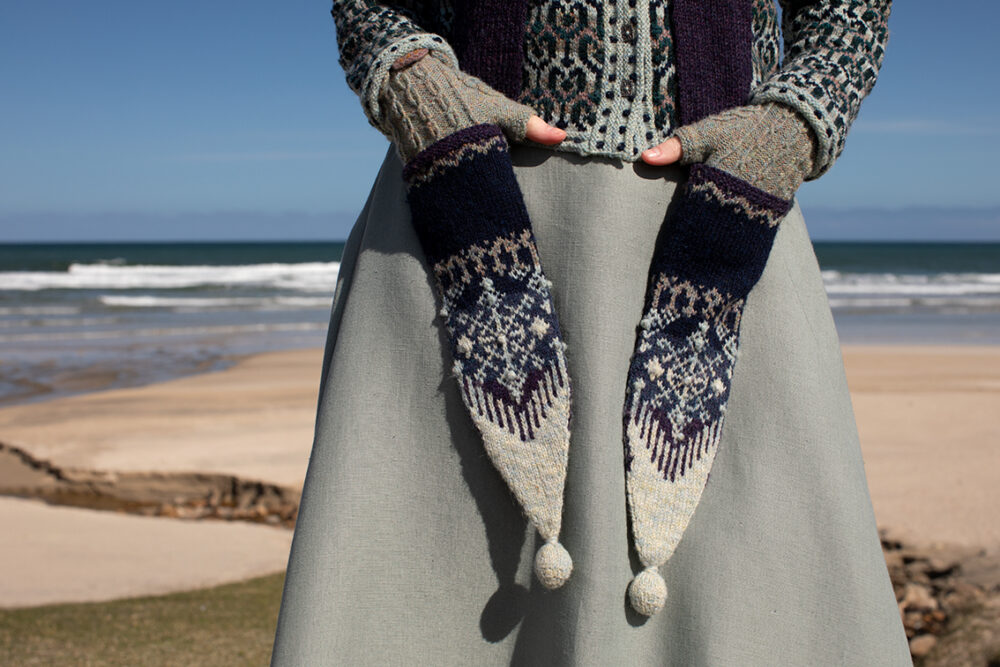 The Loch Lomond cardigan, St Agnes Eve Beret and Scarf and Ruabhal gloves hand knitwear patterncard kit designs by Alice Starmore made in Hebridean 2 Ply