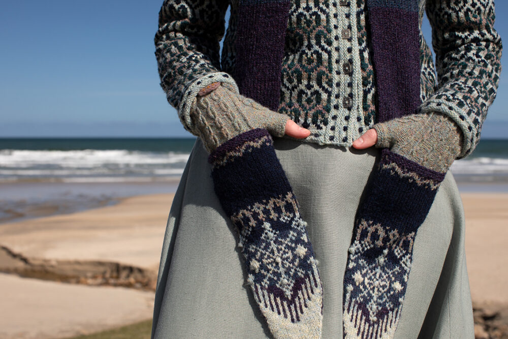 The Loch Lomond cardigan, St Agnes Eve Beret and Scarf and Ruabhal gloves hand knitwear patterncard kit designs by Alice Starmore made in Hebridean 2 Ply
