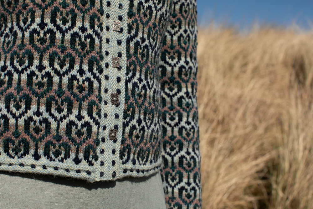 The Loch Lomond cardigan, St Agnes Eve Beret and Scarf and Ruabhal gloves hand knitwear patterncard kit designs by Alice Starmore made in Hebridean 2 Ply