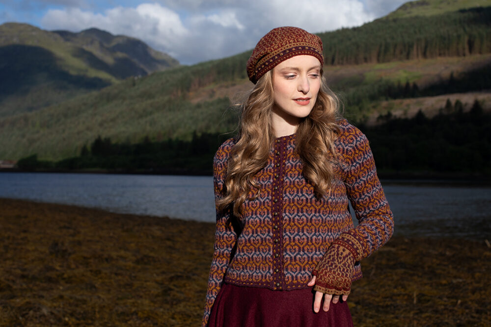 The Loch Lomond Cardigan by Jade Starmore and the Briodag Hat Set by Alice Starmore, hand knitwear design patterncard kits in Hebridean 2 Ply