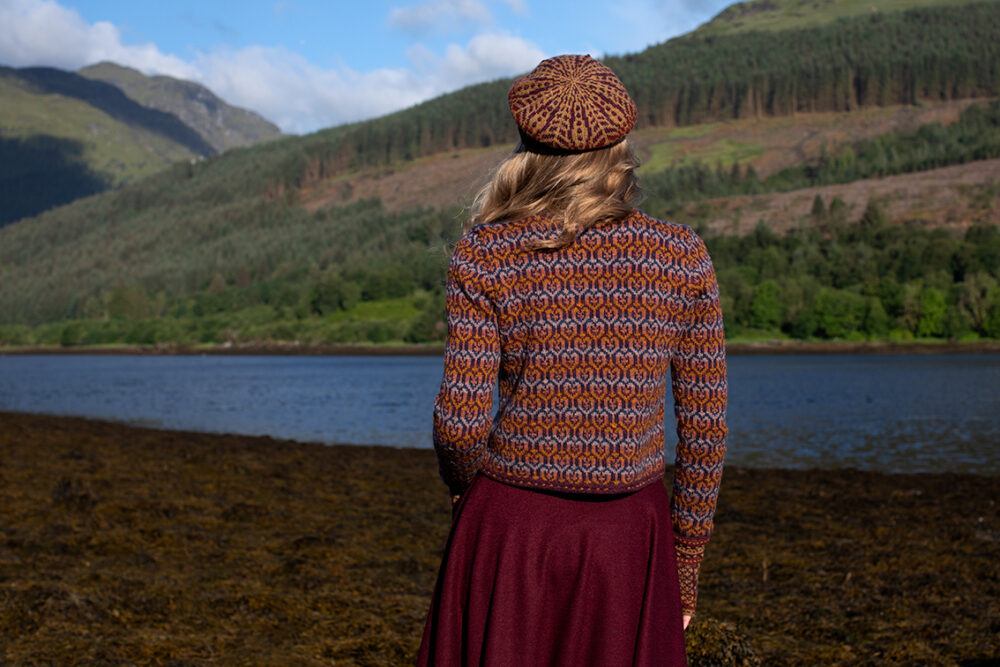 The Loch Lomond Cardigan by Jade Starmore and the Briodag Hat Set by Alice Starmore, hand knitwear design patterncard kits in Hebridean 2 Ply
