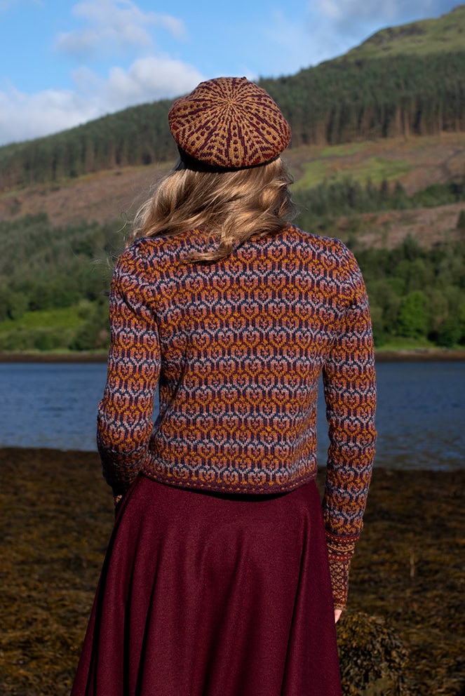 The Loch Lomond Cardigan by Jade Starmore and the Briodag Hat Set by Alice Starmore, hand knitwear design patterncard kits in Hebridean 2 Ply