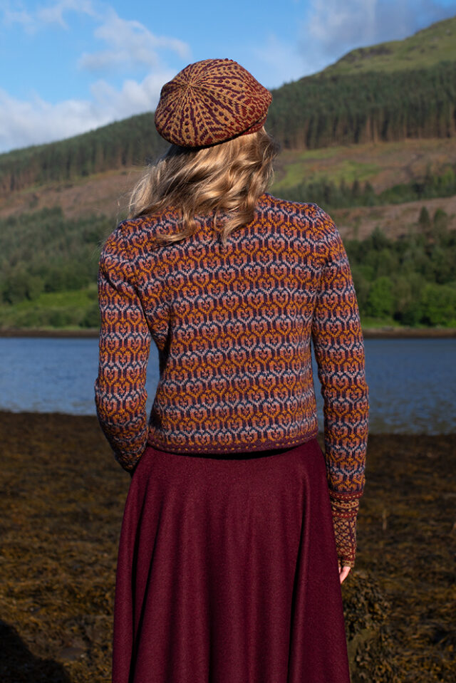 The Loch Lomond Cardigan by Jade Starmore and the Briodag Hat Set by Alice Starmore, hand knitwear design patterncard kits in Hebridean 2 Ply