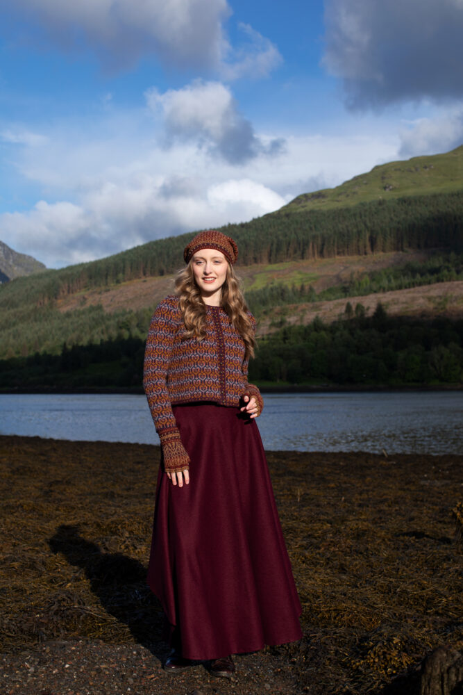 The Loch Lomond Cardigan by Jade Starmore and the Briodag Hat Set by Alice Starmore, hand knitwear design patterncard kits in Hebridean 2 Ply