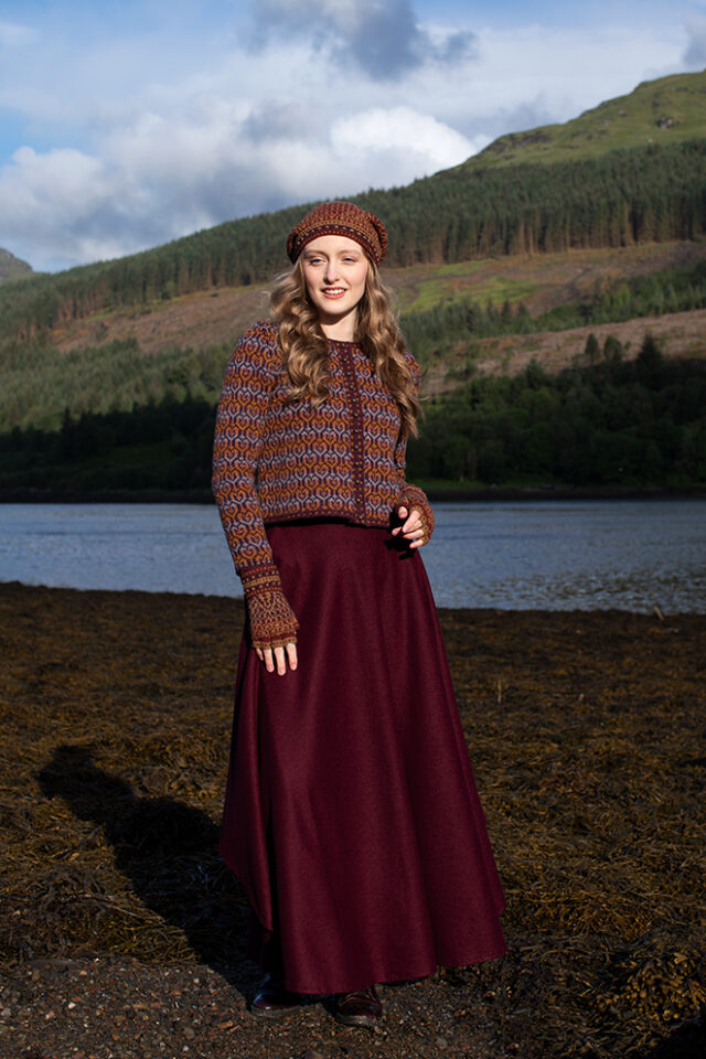 The Loch Lomond Cardigan by Jade Starmore and the Briodag Hat Set by Alice Starmore, hand knitwear design patterncard kits in Hebridean 2 Ply