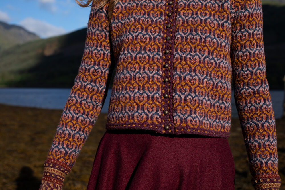 The Loch Lomond Cardigan by Jade Starmore and the Briodag Hat Set by Alice Starmore, hand knitwear design patterncard kits in Hebridean 2 Ply