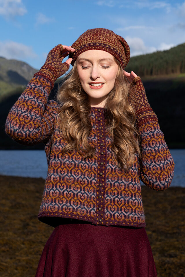 The Loch Lomond Cardigan by Jade Starmore and the Briodag Hat Set by Alice Starmore, hand knitwear design patterncard kits in Hebridean 2 Ply