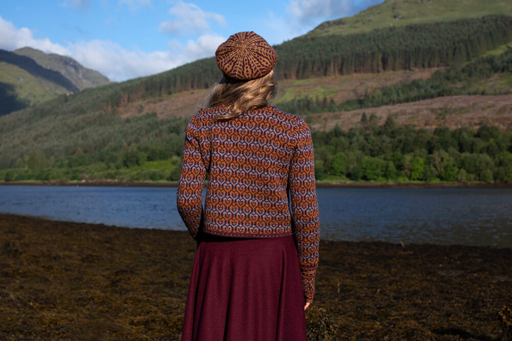 The Loch Lomond Cardigan by Jade Starmore and the Briodag Hat Set by Alice Starmore, hand knitwear design patterncard kits in Hebridean 2 Ply