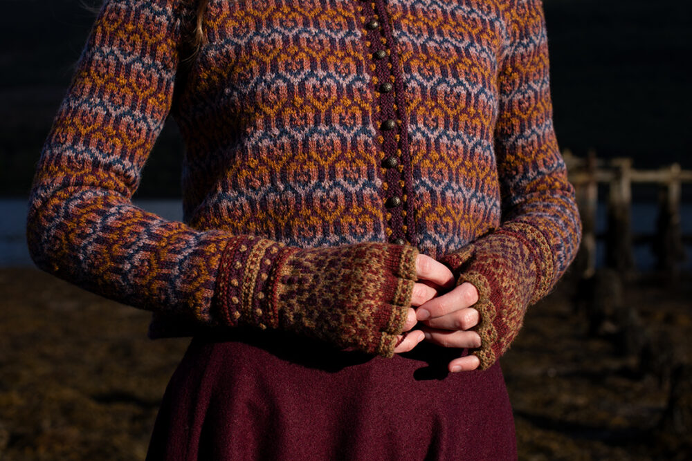 The Loch Lomond Cardigan by Jade Starmore and the Briodag Hat Set by Alice Starmore, hand knitwear design patterncard kits in Hebridean 2 Ply