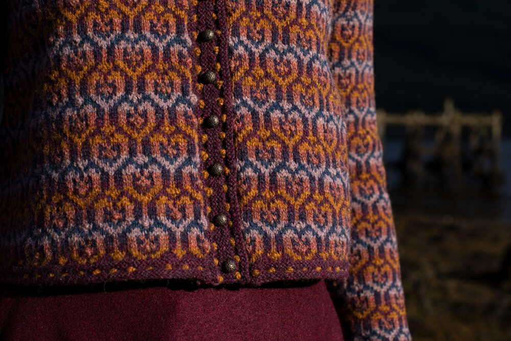 The Loch Lomond Cardigan by Jade Starmore and the Briodag Hat Set by Alice Starmore, hand knitwear design patterncard kits in Hebridean 2 Ply