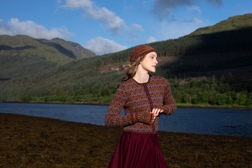The Loch Lomond Cardigan by Jade Starmore and the Briodag Hat Set by Alice Starmore, hand knitwear design patterncard kits in Hebridean 2 Ply