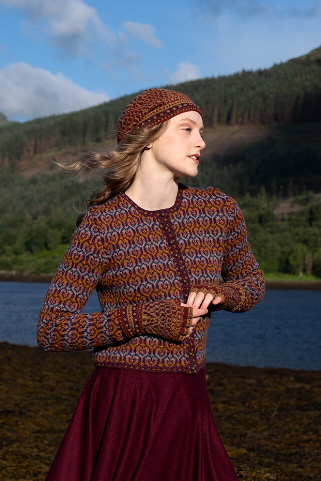 The Loch Lomond Cardigan by Jade Starmore and the Briodag Hat Set by Alice Starmore, hand knitwear design patterncard kits in Hebridean 2 Ply