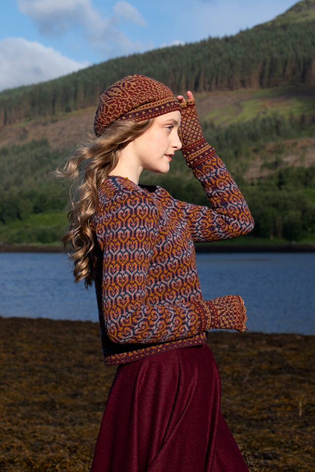 The Loch Lomond Cardigan by Jade Starmore and the Briodag Hat Set by Alice Starmore, hand knitwear design patterncard kits in Hebridean 2 Ply