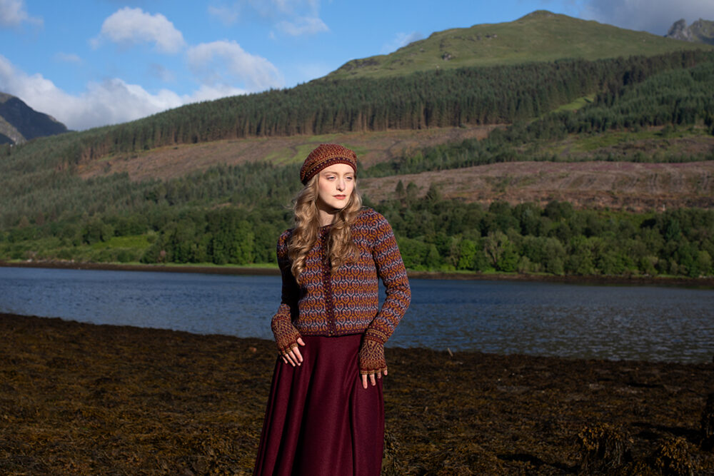 The Loch Lomond Cardigan by Jade Starmore and the Briodag Hat Set by Alice Starmore, hand knitwear design patterncard kits in Hebridean 2 Ply