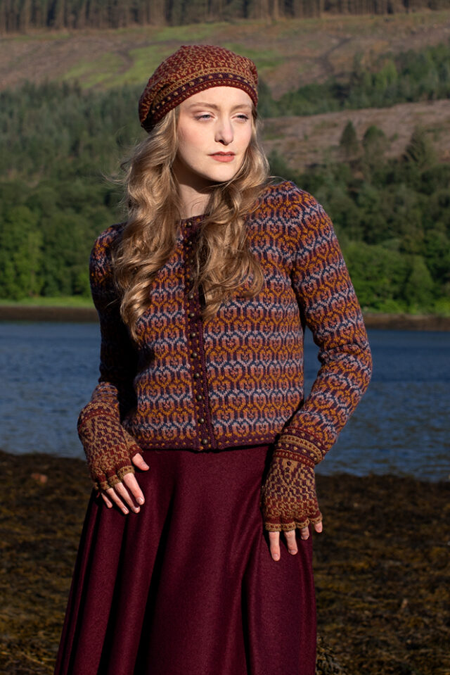 The Loch Lomond Cardigan by Jade Starmore and the Briodag Hat Set by Alice Starmore, hand knitwear design patterncard kits in Hebridean 2 Ply