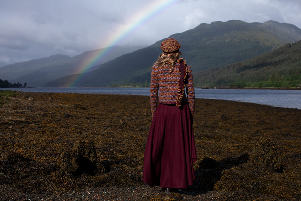 The Loch Lomond Cardigan by Jade Starmore and the Briodag Hat Set by Alice Starmore, hand knitwear design patterncard kits in Hebridean 2 Ply