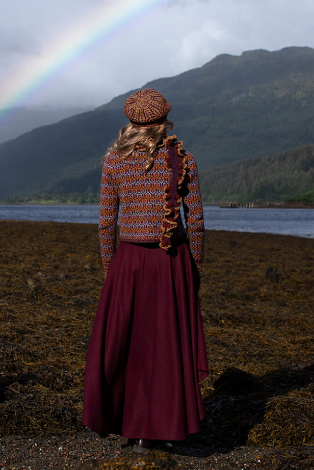 The Loch Lomond Cardigan by Jade Starmore and the Briodag Hat Set by Alice Starmore, hand knitwear design patterncard kits in Hebridean 2 Ply