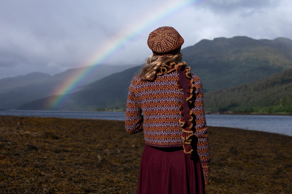 The Loch Lomond Cardigan by Jade Starmore and the Briodag Hat Set by Alice Starmore, hand knitwear design patterncard kits in Hebridean 2 Ply