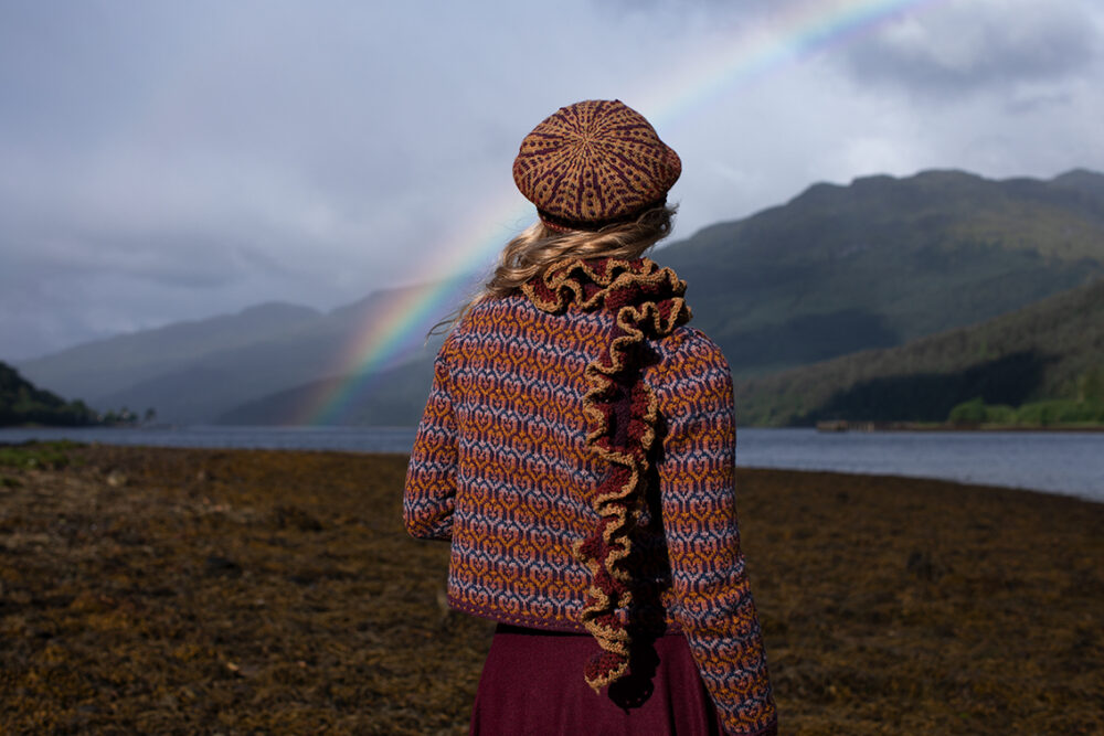 The Loch Lomond Cardigan by Jade Starmore and the Briodag Hat Set by Alice Starmore, hand knitwear design patterncard kits in Hebridean 2 Ply