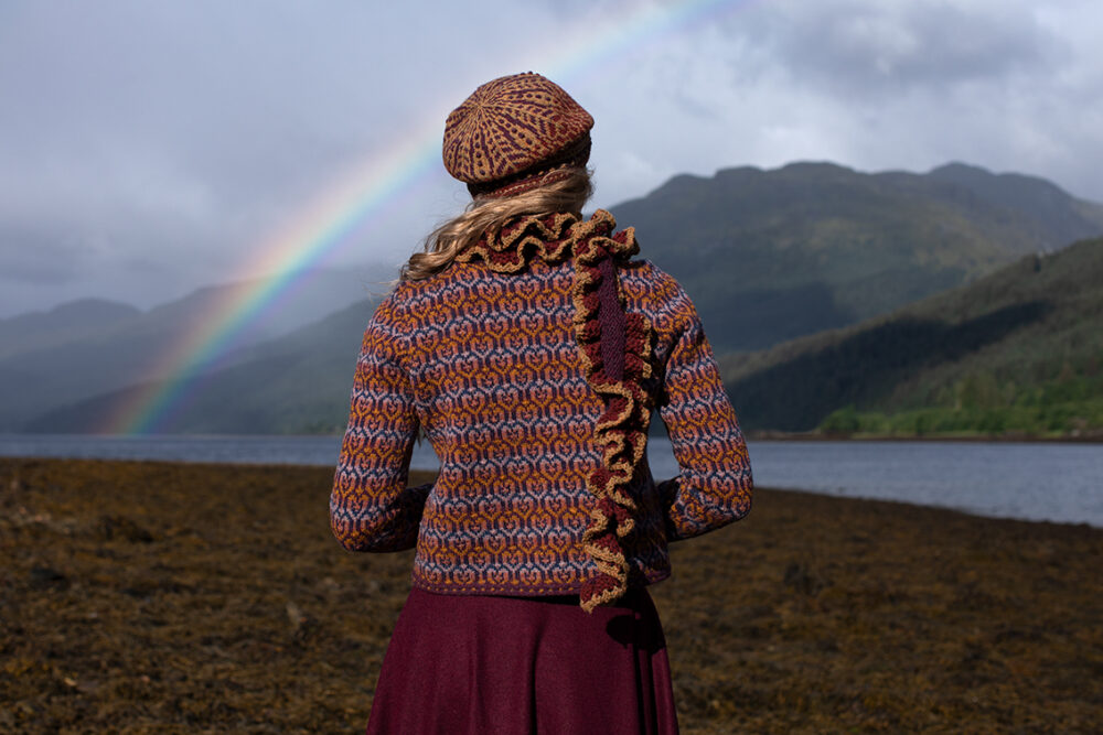 The Loch Lomond Cardigan by Jade Starmore and the Briodag Hat Set by Alice Starmore, hand knitwear design patterncard kits in Hebridean 2 Ply