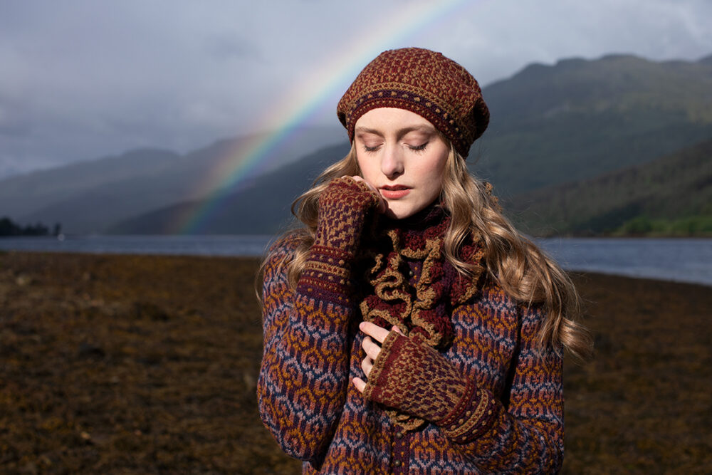 The Loch Lomond Cardigan by Jade Starmore and the Briodag Hat Set by Alice Starmore, hand knitwear design patterncard kits in Hebridean 2 Ply