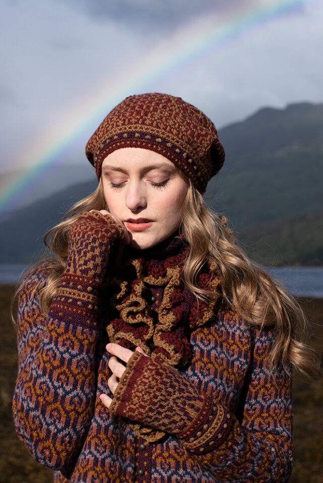 The Loch Lomond Cardigan by Jade Starmore and the Briodag Hat Set by Alice Starmore, hand knitwear design patterncard kits in Hebridean 2 Ply