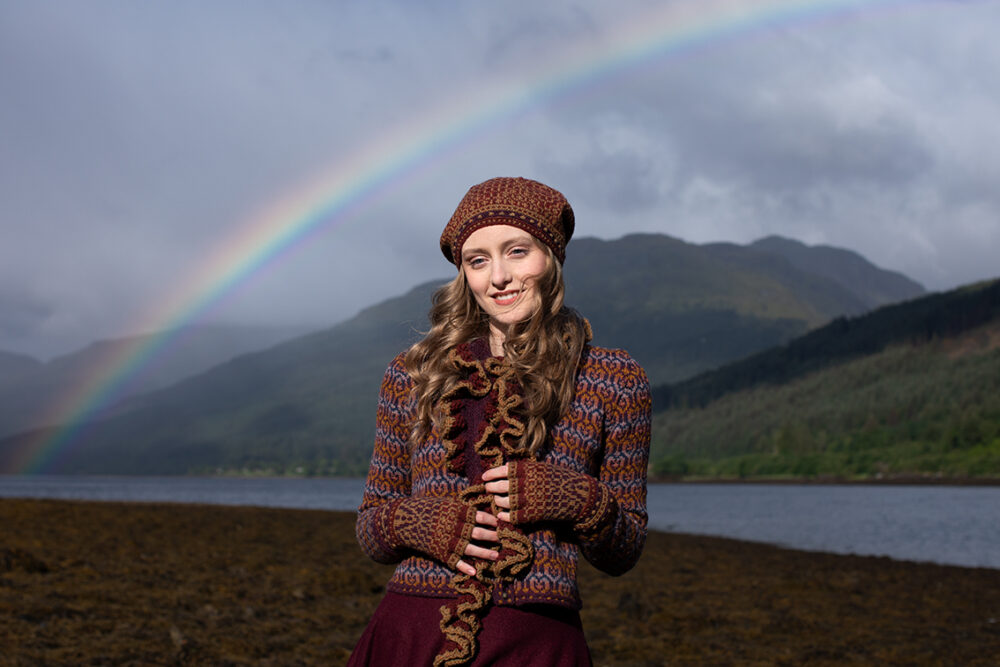The Loch Lomond Cardigan by Jade Starmore and the Briodag Hat Set by Alice Starmore, hand knitwear design patterncard kits in Hebridean 2 Ply