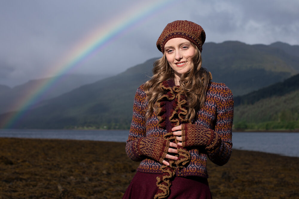 The Loch Lomond Cardigan by Jade Starmore and the Briodag Hat Set by Alice Starmore, hand knitwear design patterncard kits in Hebridean 2 Ply