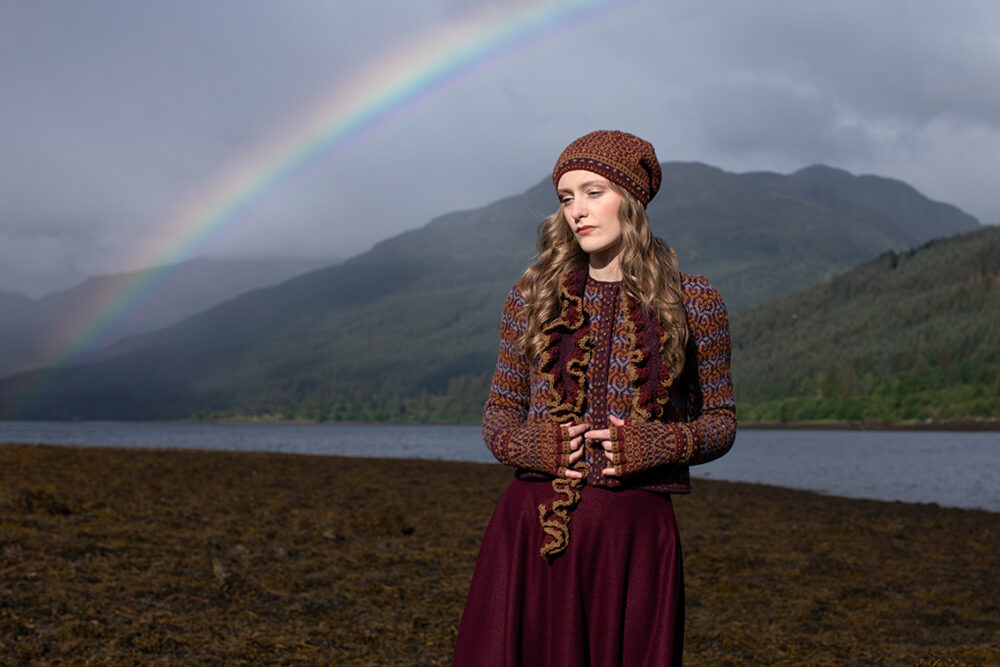 The Loch Lomond Cardigan by Jade Starmore and the Briodag Hat Set by Alice Starmore, hand knitwear design patterncard kits in Hebridean 2 Ply