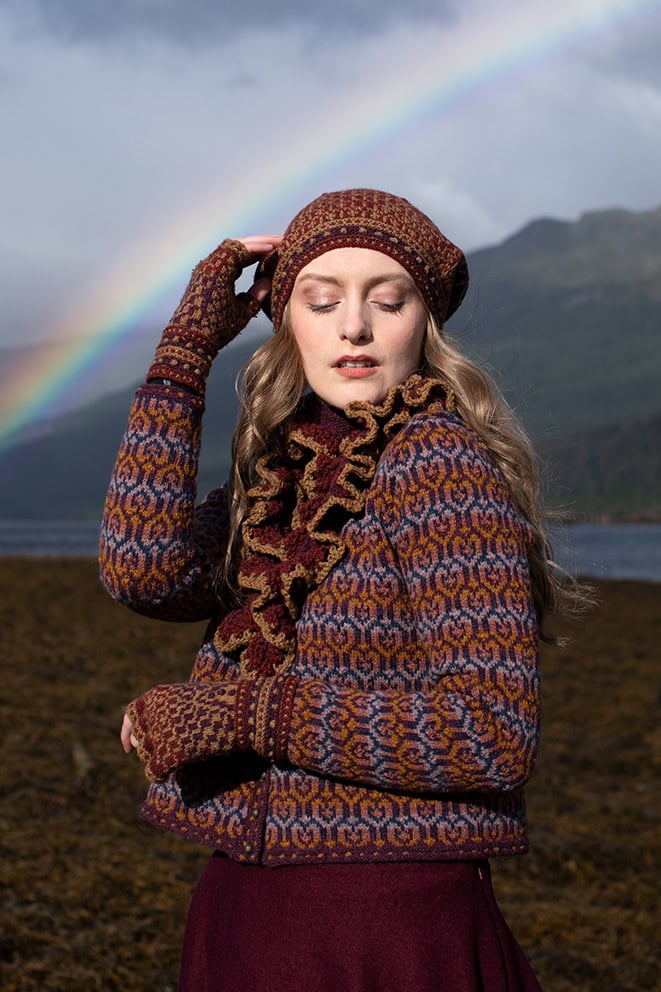 The Loch Lomond Cardigan by Jade Starmore and the Briodag Hat Set by Alice Starmore, hand knitwear design patterncard kits in Hebridean 2 Ply