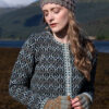 The Loch Lomond Cardigan by Jade Starmore and the Levenish Hat and Hirta Fingerless Gloves by Alice Starmore, hand knitwear design patterncard kits in Hebridean 2 Ply