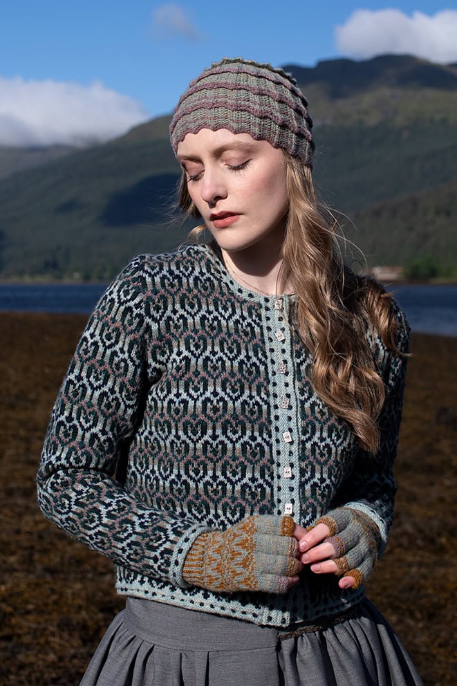 The Loch Lomond Cardigan by Jade Starmore and the Levenish Hat and Hirta Fingerless Gloves by Alice Starmore, hand knitwear design patterncard kits in Hebridean 2 Ply