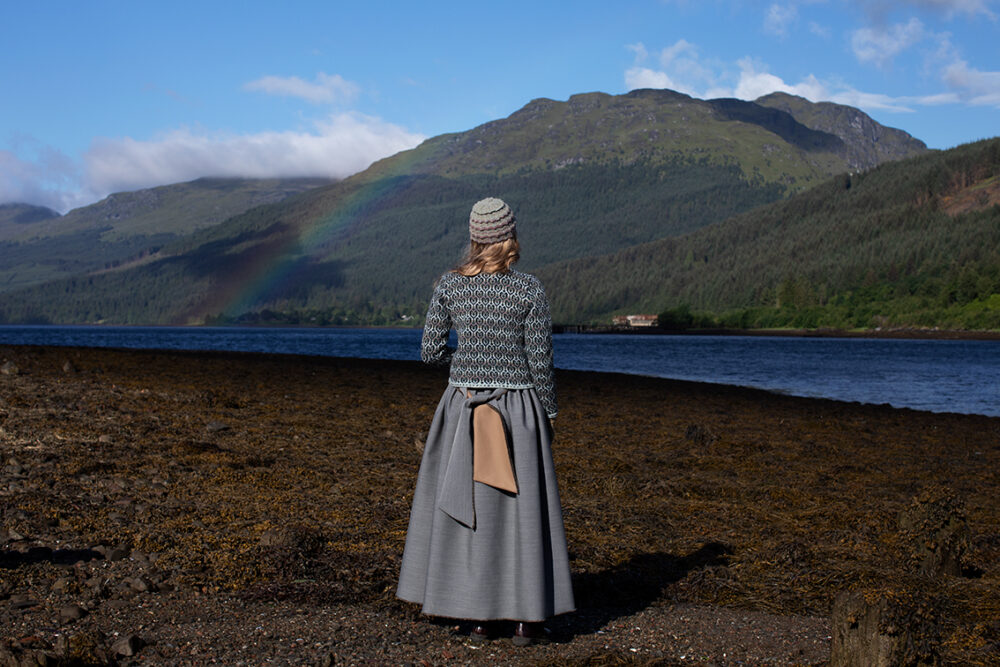 The Loch Lomond Cardigan by Jade Starmore and the Levenish Hat and Hirta Fingerless Gloves by Alice Starmore, hand knitwear design patterncard kits in Hebridean 2 Ply