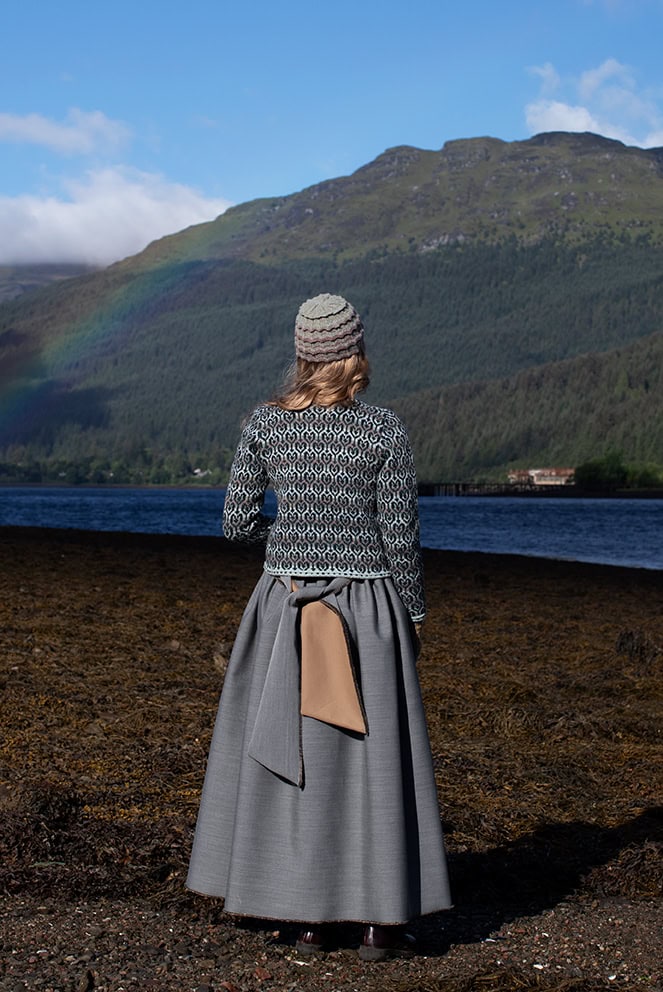 The Loch Lomond Cardigan by Jade Starmore and the Levenish Hat and Hirta Fingerless Gloves by Alice Starmore, hand knitwear design patterncard kits in Hebridean 2 Ply