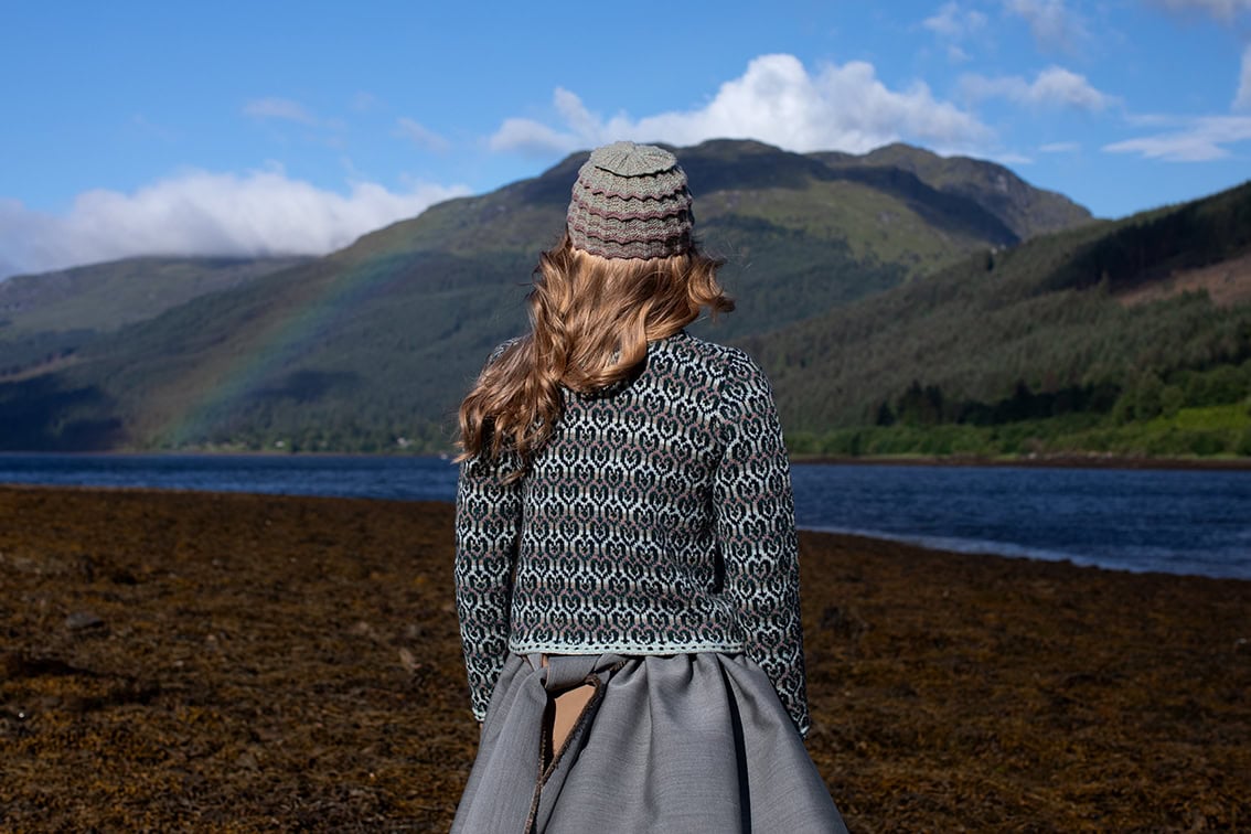 The Loch Lomond Cardigan by Jade Starmore and the Levenish Hat and Hirta Fingerless Gloves by Alice Starmore, hand knitwear design patterncard kits in Hebridean 2 Ply