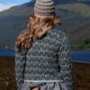 The Loch Lomond Cardigan by Jade Starmore and the Levenish Hat and Hirta Fingerless Gloves by Alice Starmore, hand knitwear design patterncard kits in Hebridean 2 Ply