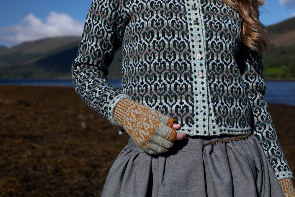 The Loch Lomond Cardigan by Jade Starmore and the Levenish Hat and Hirta Fingerless Gloves by Alice Starmore, hand knitwear design patterncard kits in Hebridean 2 Ply