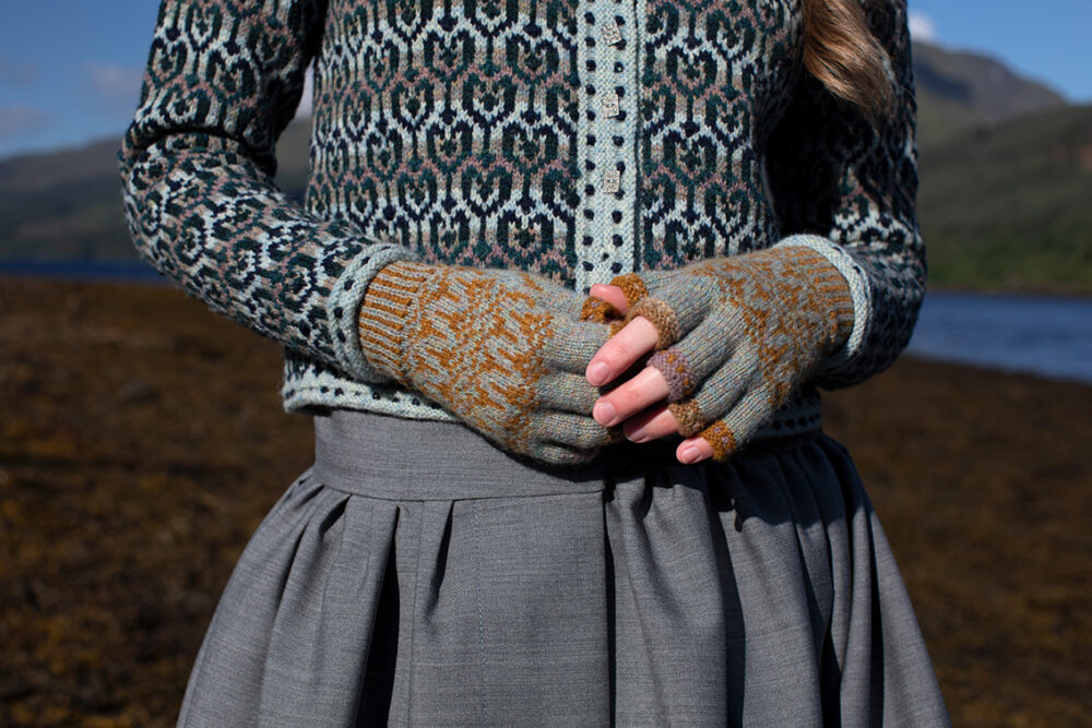 The Loch Lomond Cardigan by Jade Starmore and the Levenish Hat and Hirta Fingerless Gloves by Alice Starmore, hand knitwear design patterncard kits in Hebridean 2 Ply