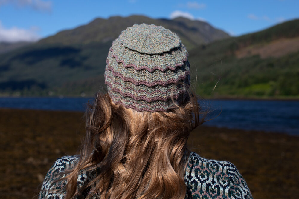 The Loch Lomond Cardigan by Jade Starmore and the Levenish Hat and Hirta Fingerless Gloves by Alice Starmore, hand knitwear design patterncard kits in Hebridean 2 Ply