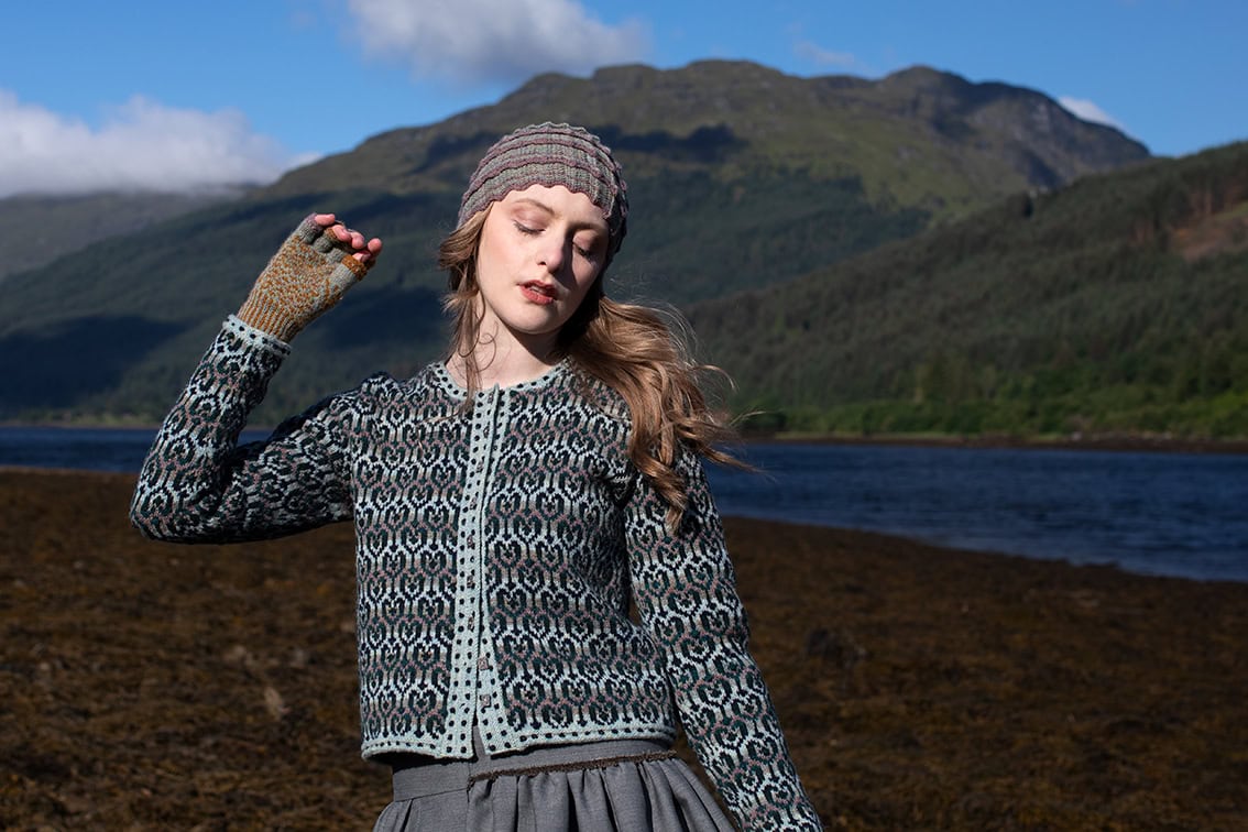 The Loch Lomond Cardigan by Jade Starmore and the Levenish Hat and Hirta Fingerless Gloves by Alice Starmore, hand knitwear design patterncard kits in Hebridean 2 Ply