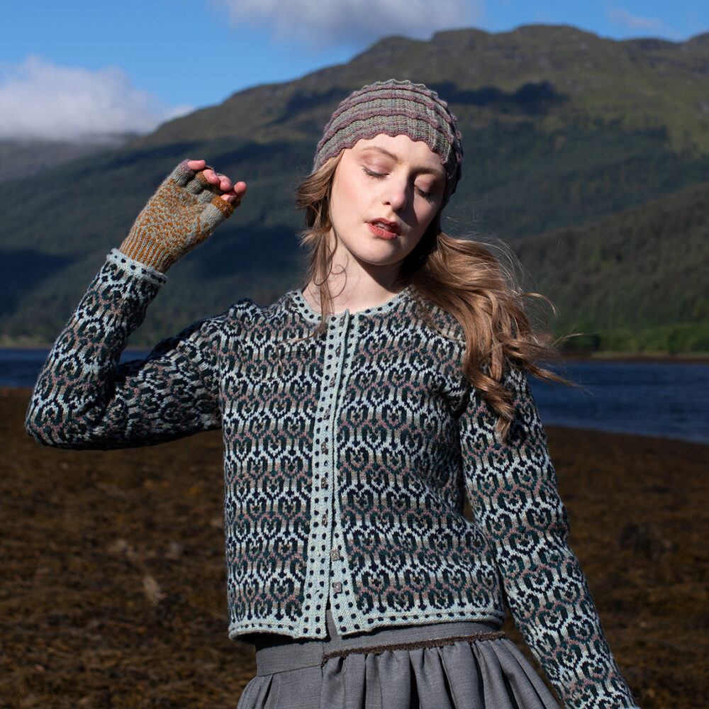 The Loch Lomond Cardigan by Jade Starmore and the Levenish Hat and Hirta Fingerless Gloves by Alice Starmore, hand knitwear design patterncard kits in Hebridean 2 Ply