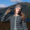 The Loch Lomond Cardigan by Jade Starmore and the Levenish Hat and Hirta Fingerless Gloves by Alice Starmore, hand knitwear design patterncard kits in Hebridean 2 Ply