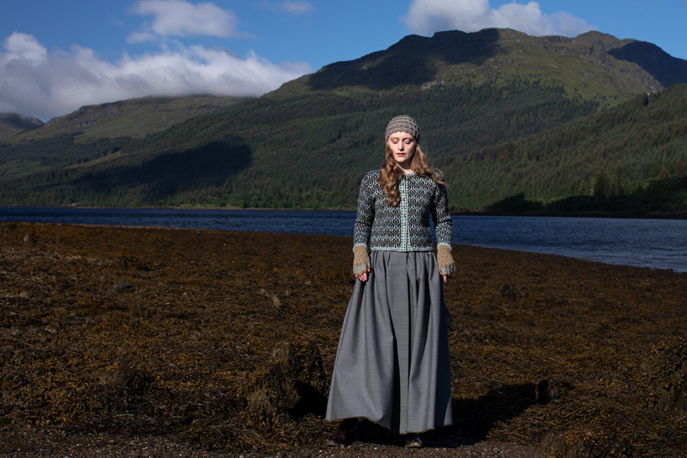 The Loch Lomond Cardigan by Jade Starmore and the Levenish Hat and Hirta Fingerless Gloves by Alice Starmore, hand knitwear design patterncard kits in Hebridean 2 Ply
