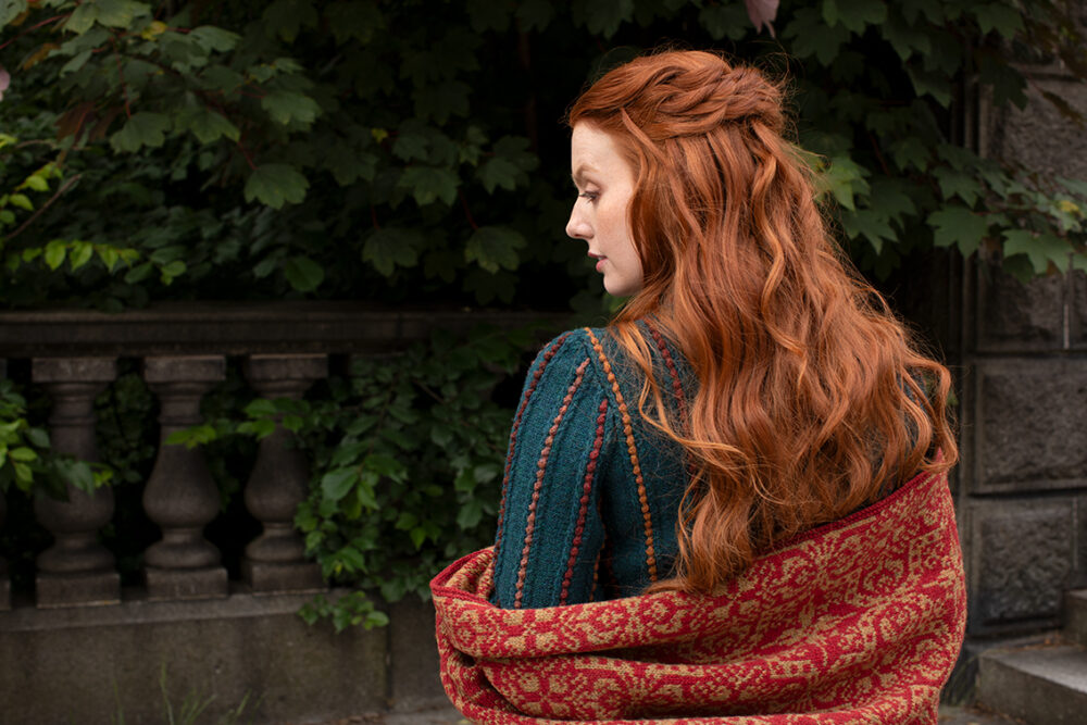 The Anne Boleyn design from the book Tudor Roses by Alice Starmore and the Persian Tiles design from the book A Collector's Item by Jade Starmore, both in Hebridean 2 Ply
