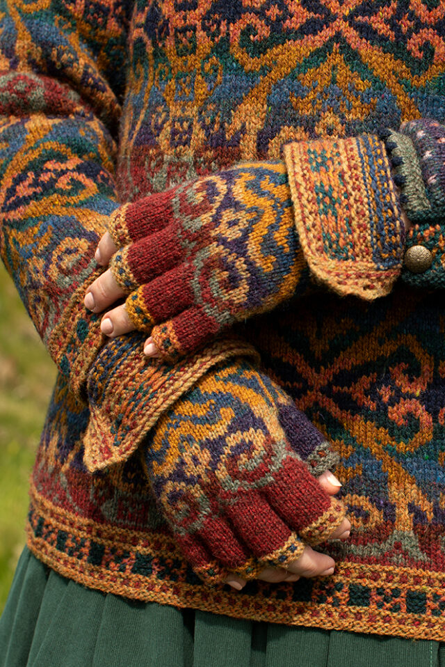 The Henry VIII pullover and Hat Set patterncard kit designs and Dun Cuff from Creative Course 2 by Alice Starmore in Hebridean 2 Ply